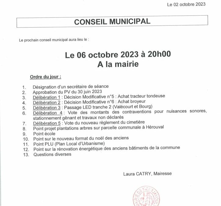 Ce vendredi le conseil municipal se réunira, voici l’ordre du jour. Conseil ouvert au public.