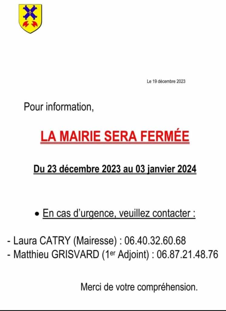 la Mairie de Montjavoult sera fermée au public à partir de vendredi 22 décembre 17h et réouvrira jeudi 4 janvier 2024 à 9h.Nous vous souhaitons d’heureuses fêtes de fin d’année, entourés de ceux que vous aimez !