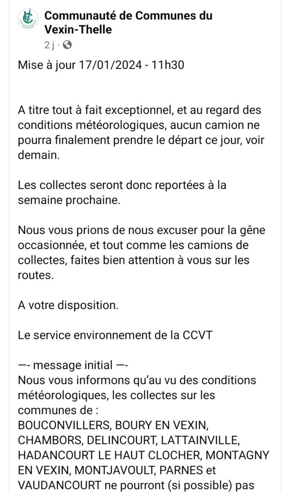 A cause des intempéries la collecte des déchets est reportée à la semaine prochaine