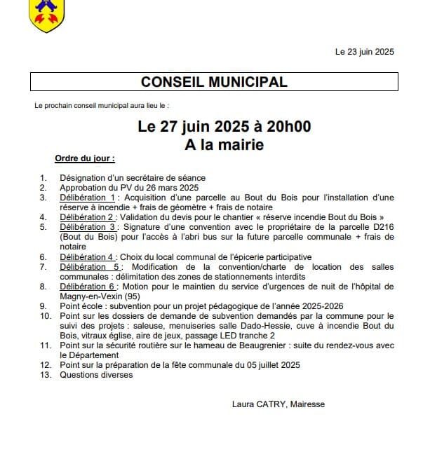 Convocation du Conseil Municipal du vendredi 27 juin 2025 à 20h