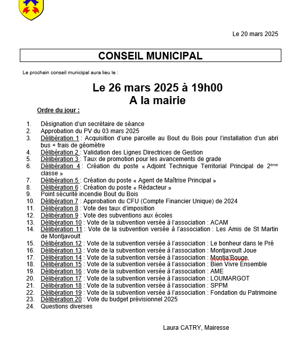 Convocation du Conseil Municipal du Mercredi 26 mars 2025 à 19h