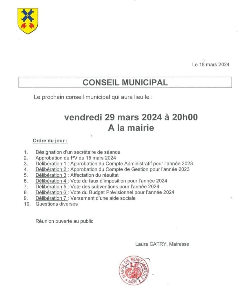 Conseil Municipal du vendredi 29 mars à 20h