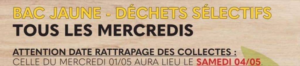 Petit rappel : La collecte des déchets des conteneurs gris et/ou jaunes du mercredi 1er mai est reportée au samedi 4 mai 2024.Donc sortir les conteneurs sur bord du trottoir vendredi 3 mai.Bonne semaine.