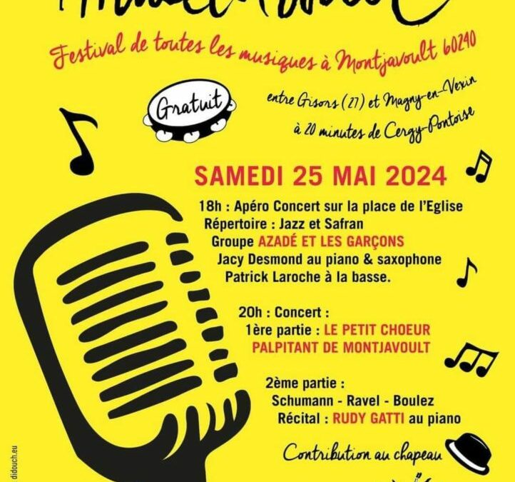 Evénements à Montjavoult en MAI et JUIN 2024 : LE SAMEDI 25 MAI : Festival de toutes les Musiques MUSICAVOULT de l’association Le Bonheur dans le PréLE SAMEDI 1er JUIN : FÊTE DU JEU avec l’association Montjavoult joueLE SAMEDI 8 JUIN : CONCERT DU FESTIVAL DU VEXIN