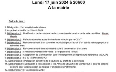 Conseil Municipal le lundi 17 juin à 20h à la mairie.Le conseil municipal est ouvert au public.