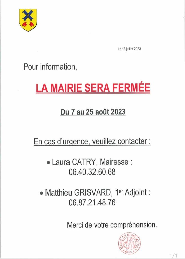 Fermeture de la mairie du 7 au 25 août