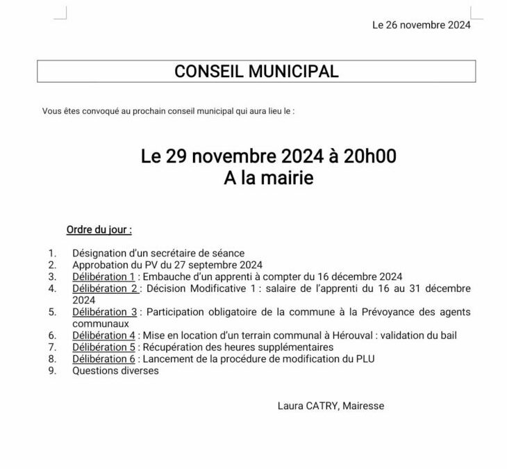 Conseil Municipal le vendredi 29 novembre à 20 h en mairie.